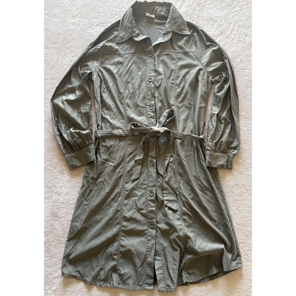 Blue Leopard‎ Women's 2X Shirt Dress Olive Green Button Front Belted Long Sleeve